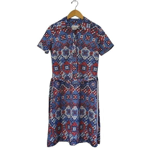 VTG Hob Nobber Mod Geometric Print Dress 60s 70s Button Front Matching Belt 4/6 - Picture 5 of 9